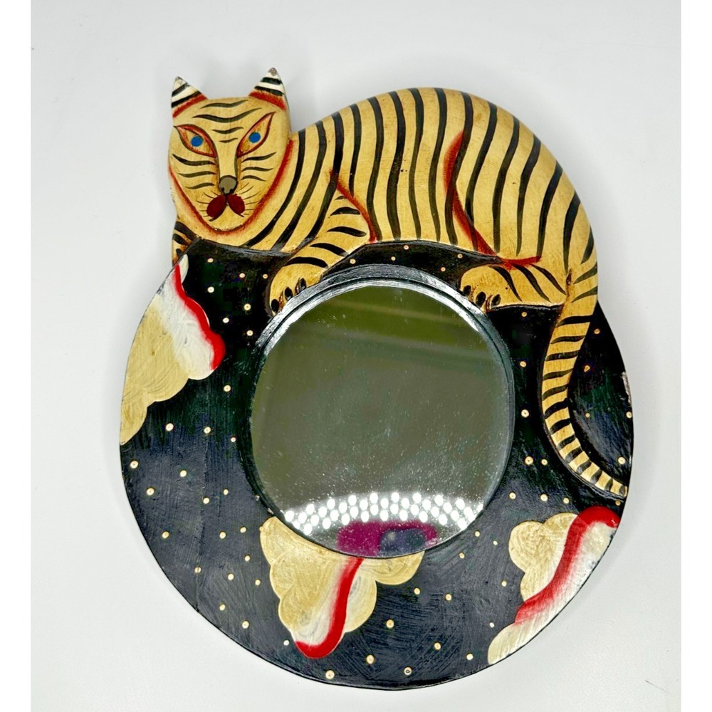 Hand Painted Wood Cat Mirror Wall Folk Art  Striped Cat Round Starry Night Cloud
